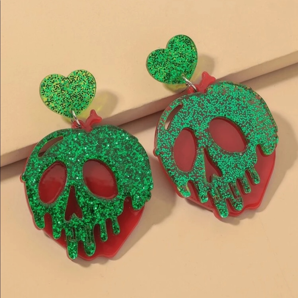Green Skull Poison Apple Earrings